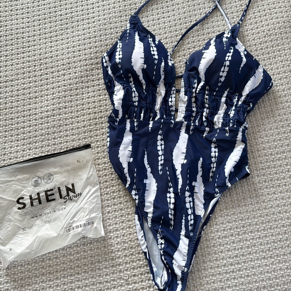 NWT SHEIN blue and white one piece bathing suit